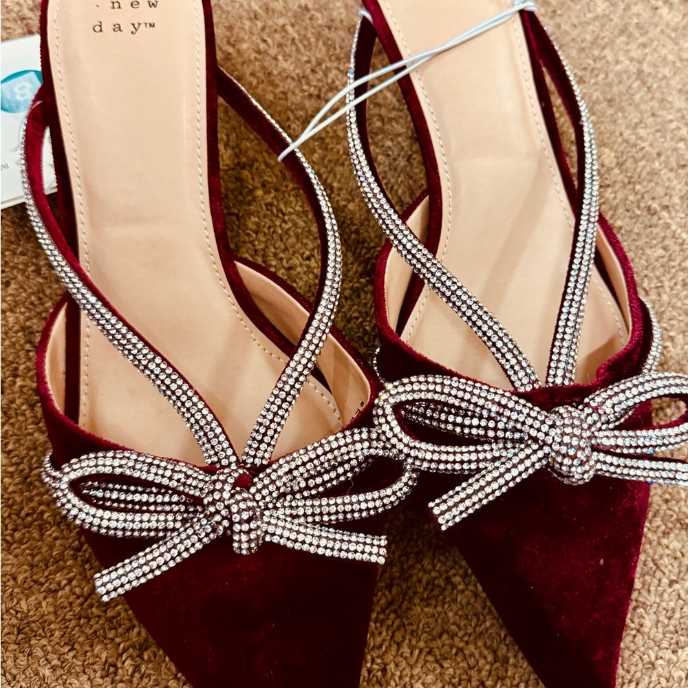 a new day Burgundy Velvet Pointed Slingback Heels with Crystal Bow